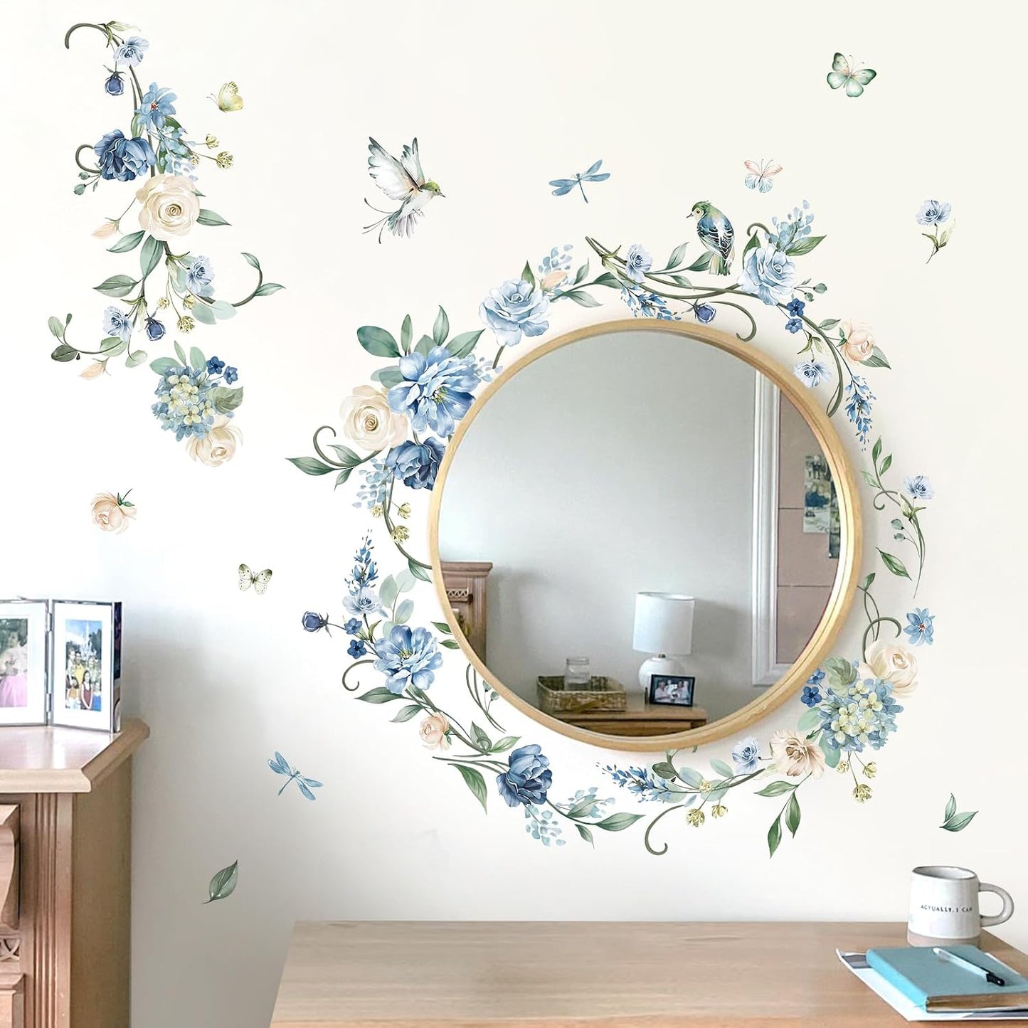 Flower Vines Wall Stickers Rose Watercolor Floral Peel and Stick Wall Art Decals / Blue