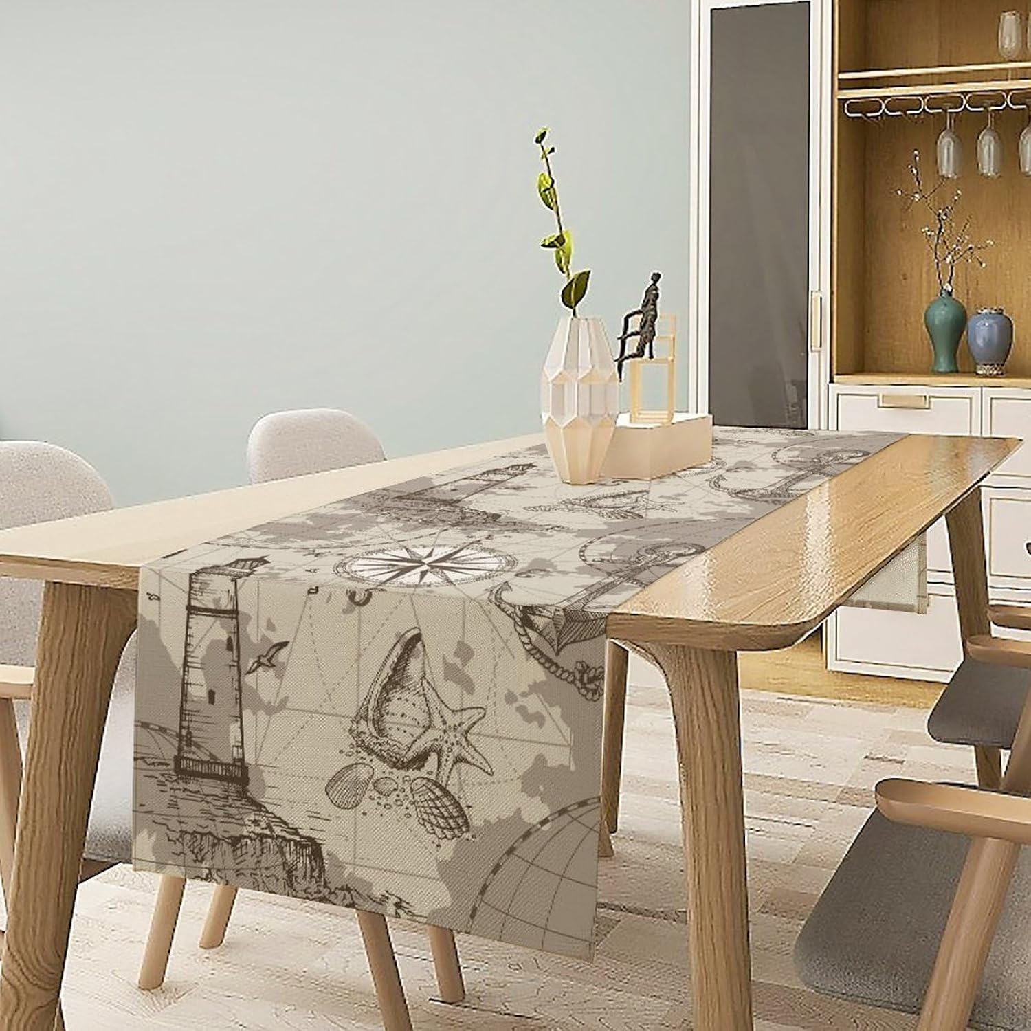 Nautical Sailboat Map Table Runner, Sketch Pirate Ship Wheel Compass Patterns Printed Linen Table Runner for Home