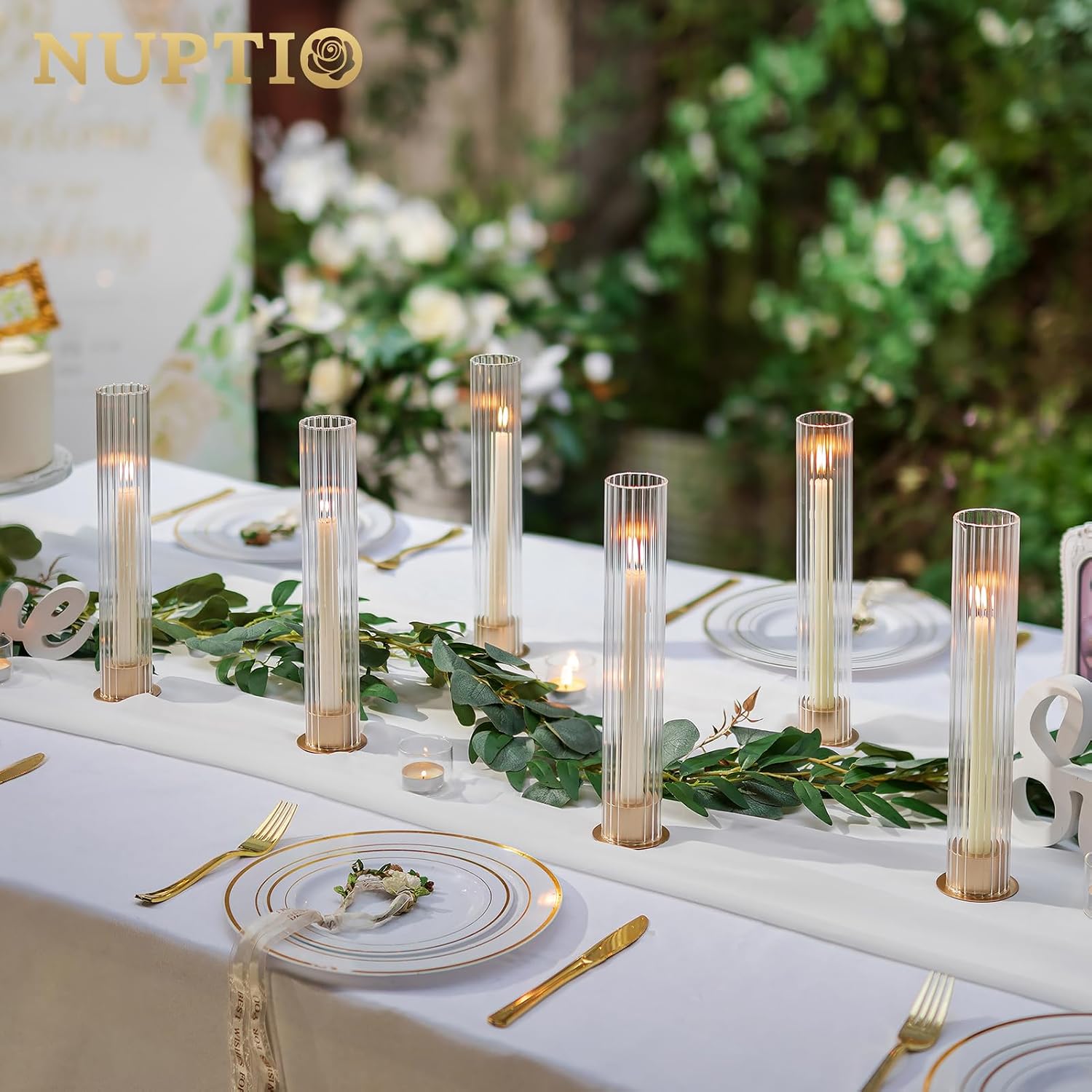 NUPTIO Hurricane Glass Candle Holders, Set of 10 Gold Taper Candle Holders | Fluted Glass Cylinders, Metal Base Design