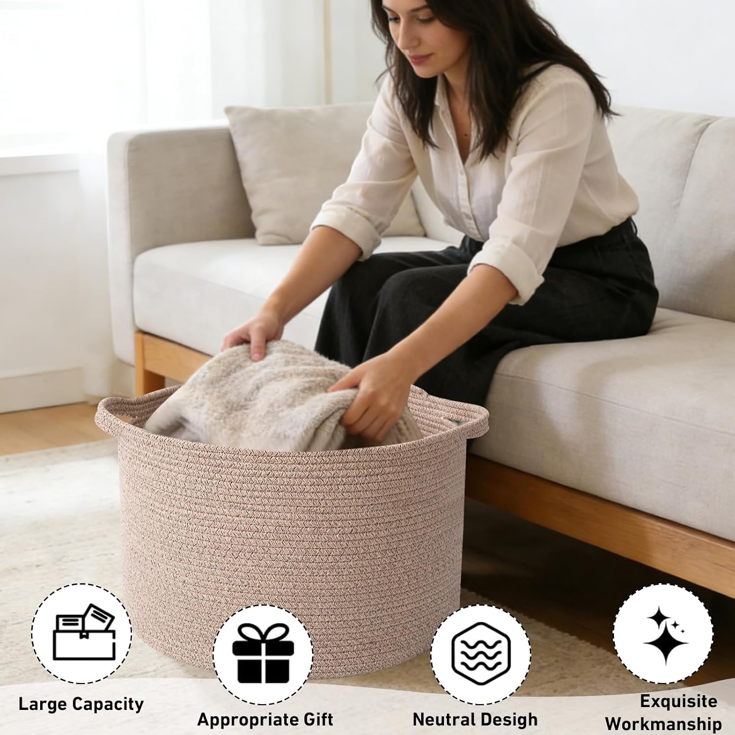 Woven Rope Laundry Basket Hamper / Brown / 19.7"L x 19.7"W x 13"H