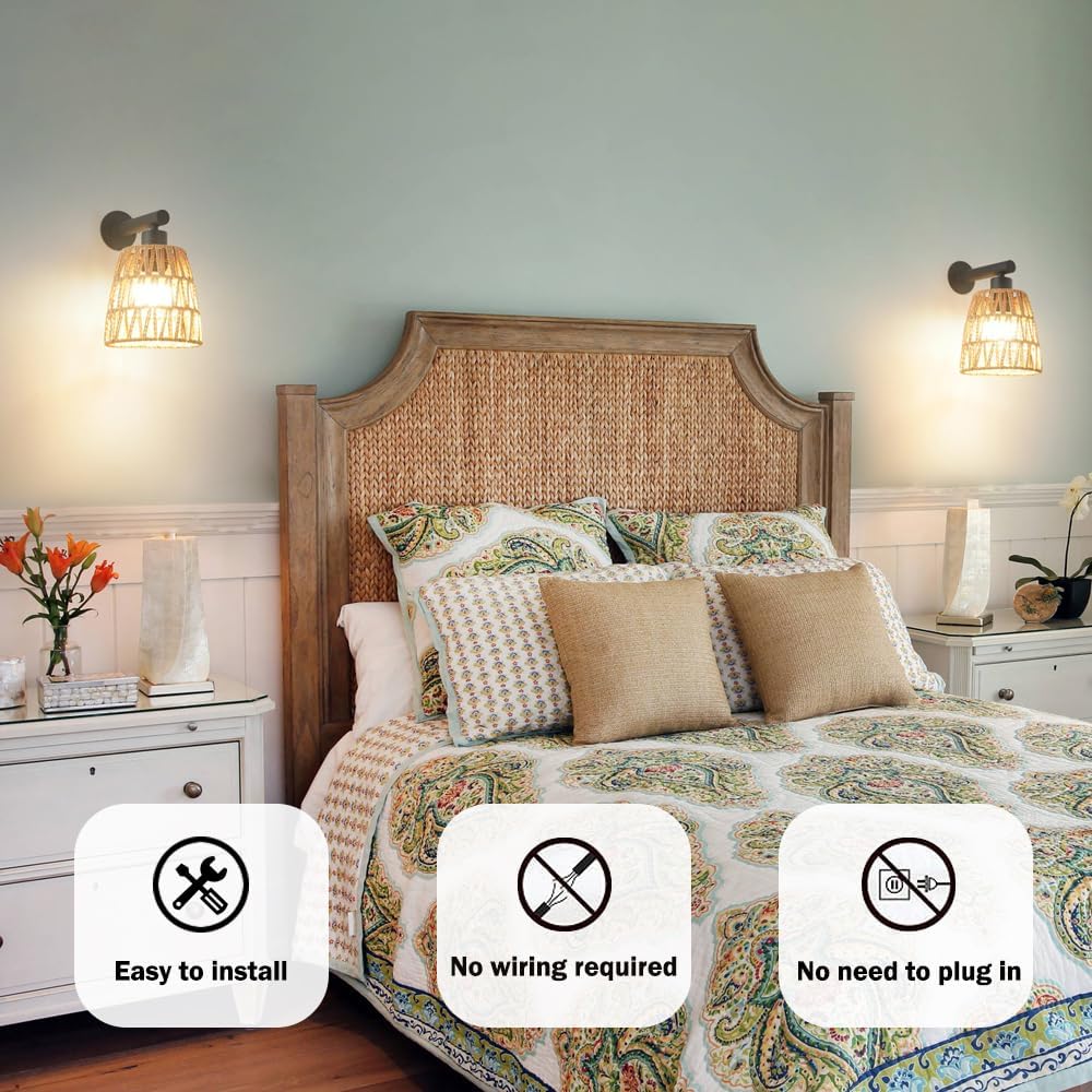 Boho Battery Operated Wall Sconces, Rattan Wall Sconce Set of 2 with Remote, RGB 15 Colors Dimmable Rechargeable Wall