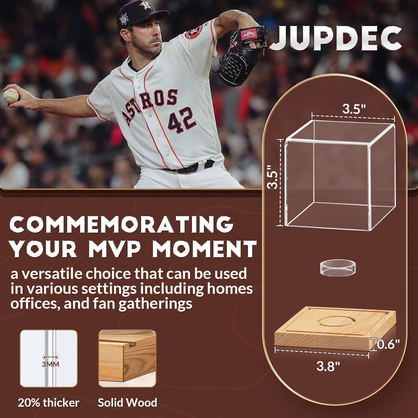 Baseball Display Case, Clear Cube Baseball Holder with Wooden Base, Autograph Baseball Stand Box for Single Ball, Pine