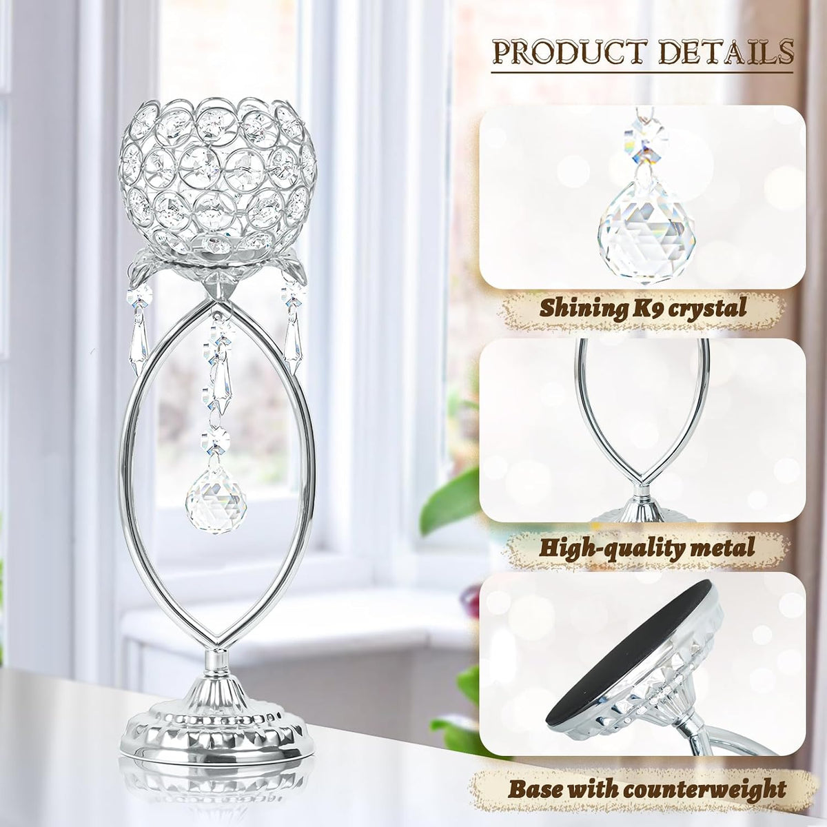 6 Pcs Silver Elegant Metal Crystal Tea Light Candle Holders with Crystal Pendants, Hollow Design - Wedding Table