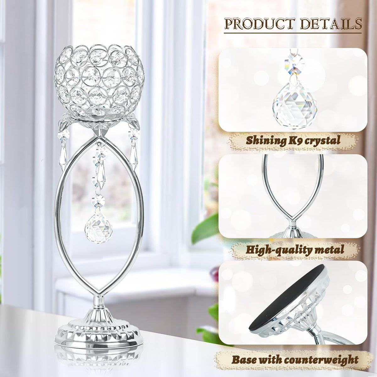 12 Pcs Silver Elegant Metal Crystal Tea Light Candle Holders | with Crystal Pendants, Hollow Design - Wedding Table