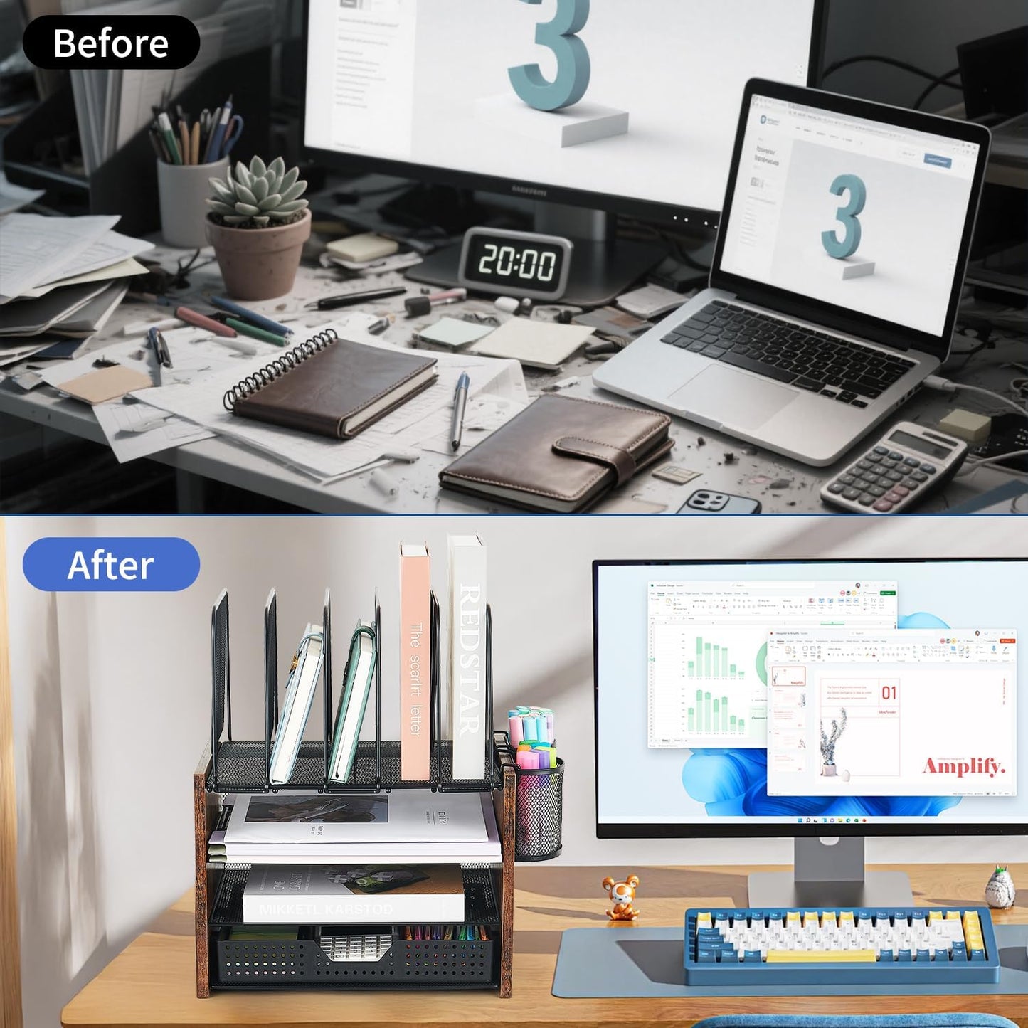 AUPSEN Desk Organizer with 5 Vertical File Holders, Storage Drawer & 2 Pen Holders, 5 Trays Paper Letter Tray