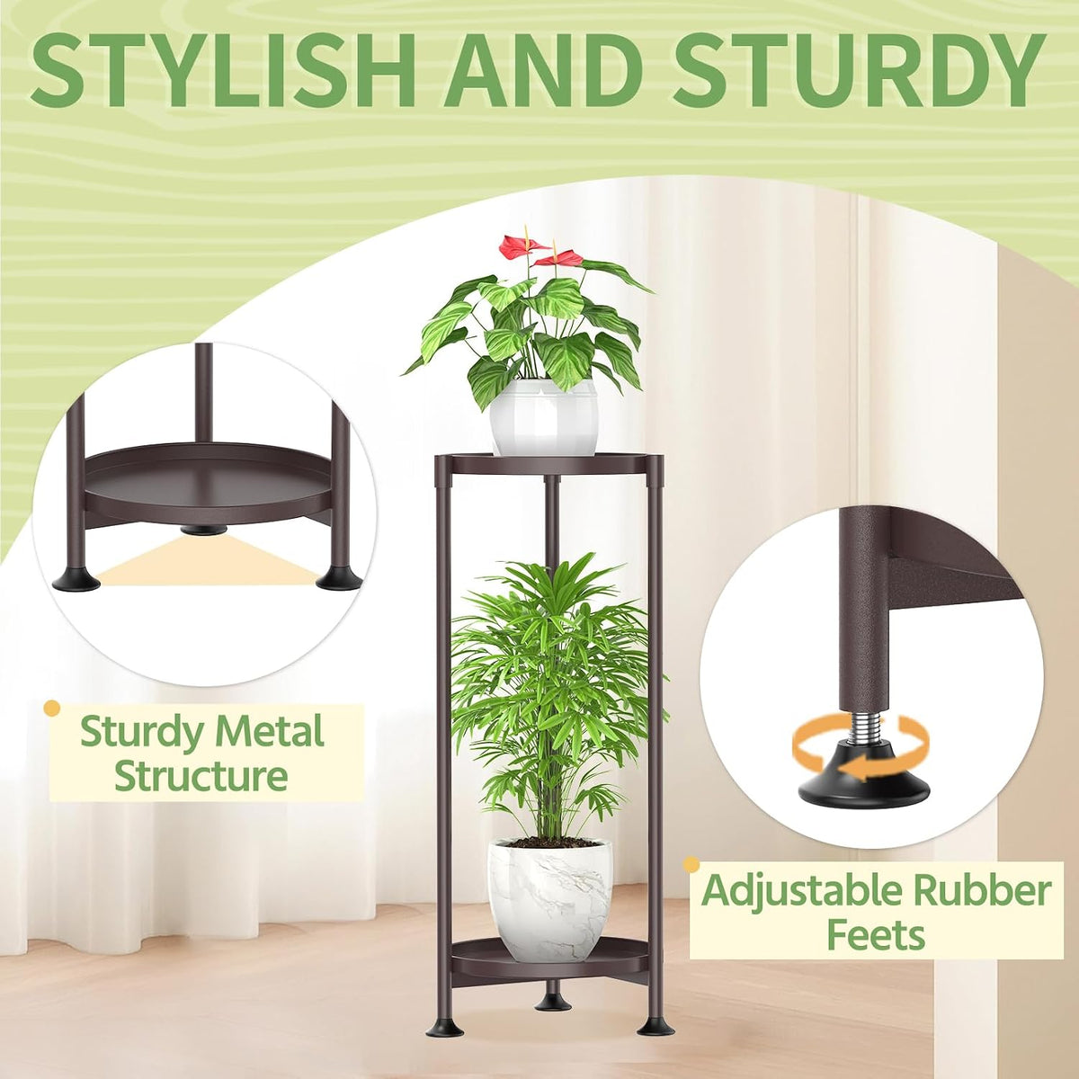 KMOTASUO 2 Tier Metal Plant Stand Tall for Indoor Outdoor Corner, Bronze | Heavy Duty Flower Holder Rack, Modern
