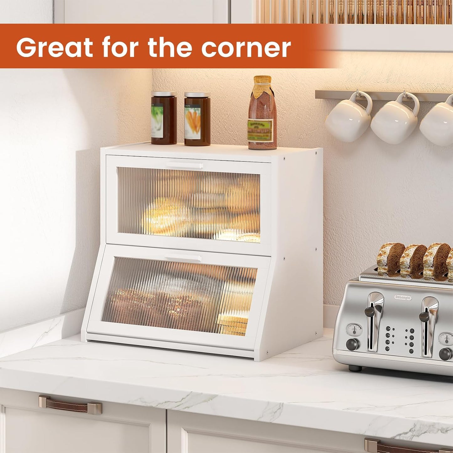 GHWIE Double Layer Bamboo Bread Box for Kitchen Counter,Large Capacity Bread Storage Bin,Bread Container with Acrylic