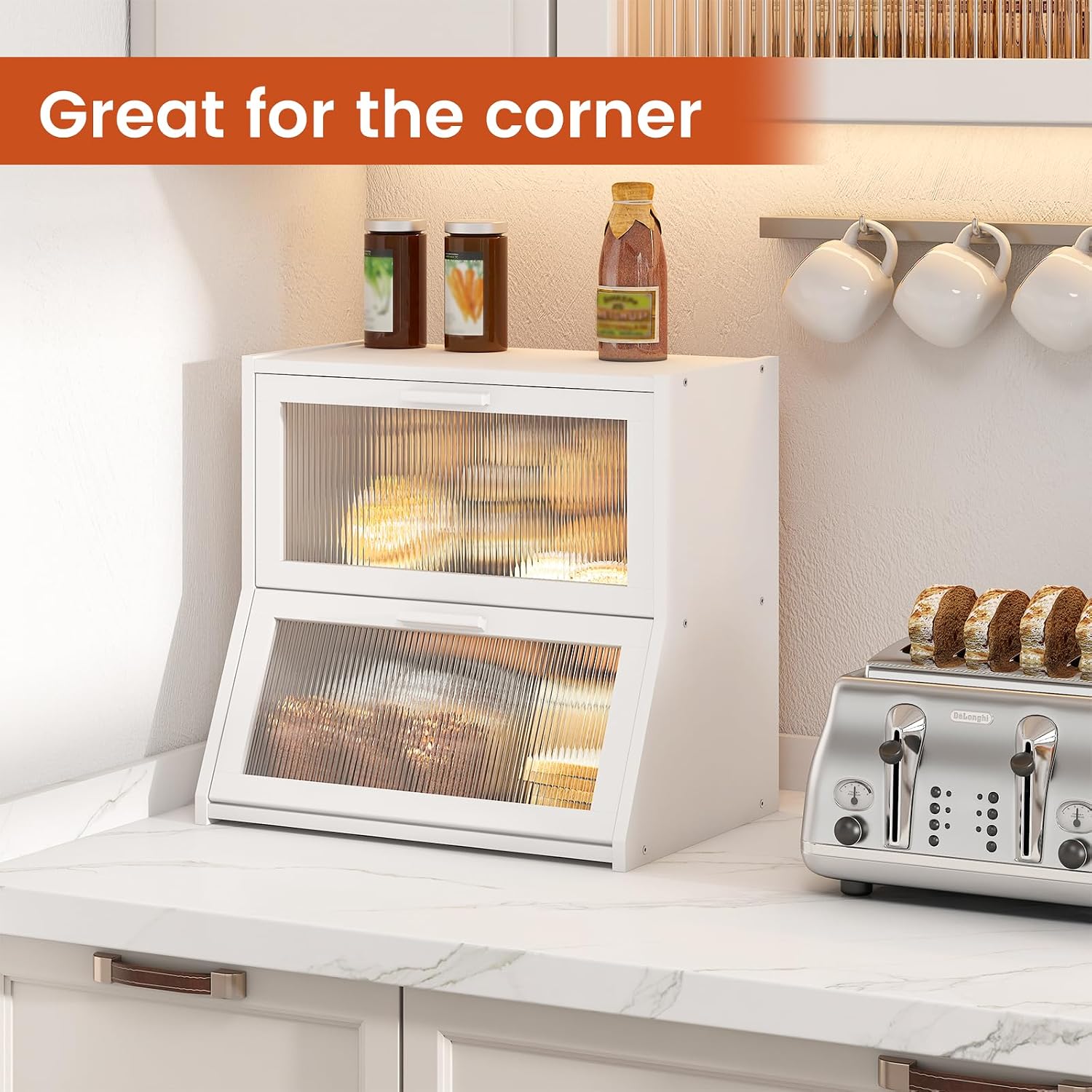 GHWIE Double Layer Bamboo Bread Box for Kitchen Counter,Large Capacity Bread Storage Bin,Bread Container with Acrylic