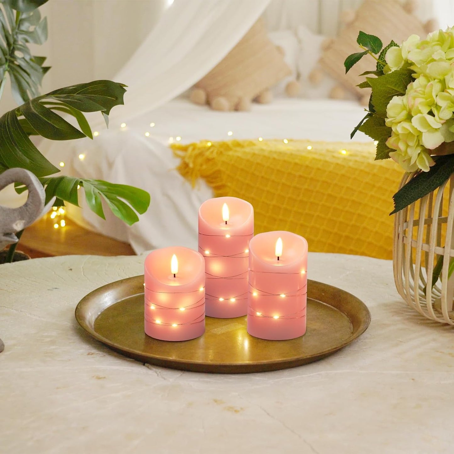 Homemory Flameless Candles with String Lights, 3 Pack Embedded Fairy String Lights LED Candles, Electric Flickering