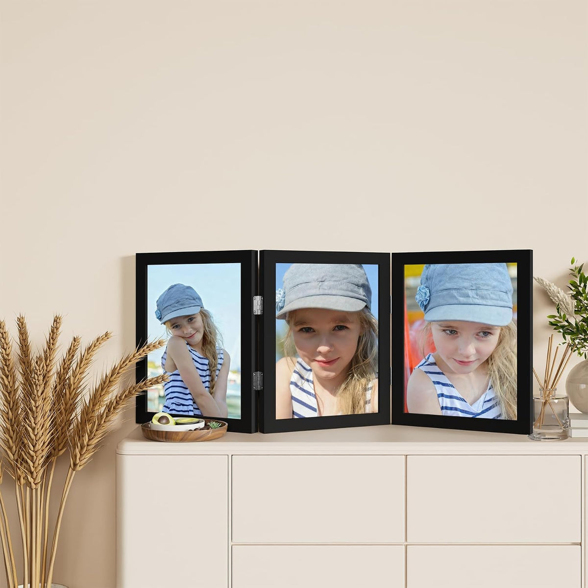 decorUhome Black Triple 8x10 Picture Frame Vertical, MDBK08 | "Z" Shape Folding Design Engineered Wood Trifold Photo