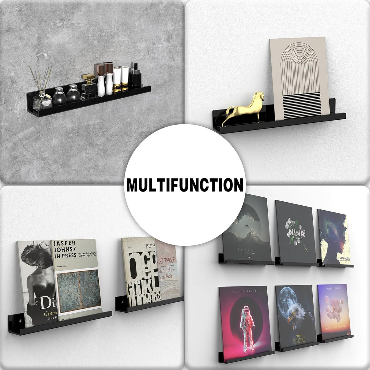 Adeptus Mechanicus 12-inch Vinyl Record Wall Mount, 8 Pack Acrylic Black Album Record Holder Display, Kids Bookshelf