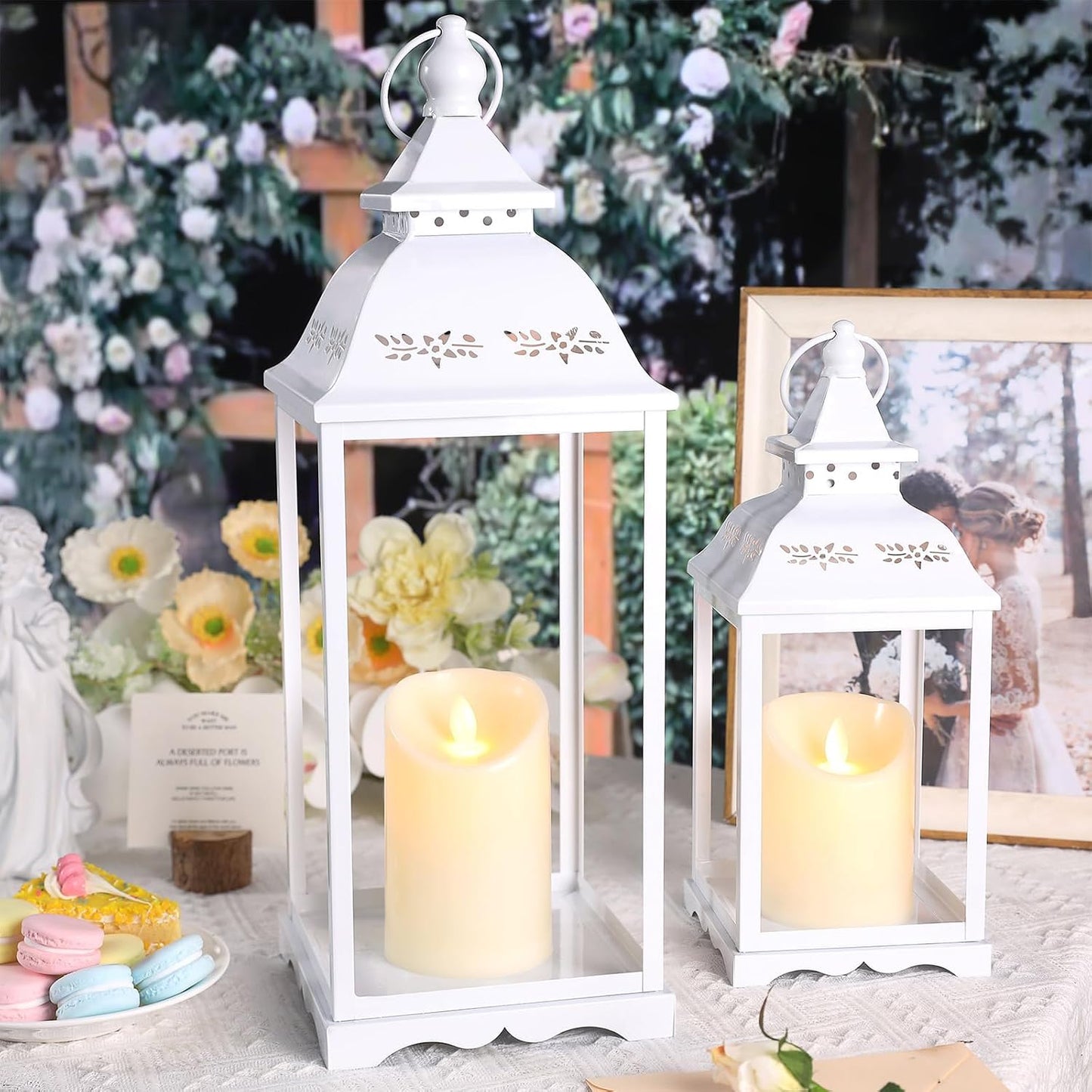 Decorative Candle Lanterns Set of 2, White Metal for Indoor & Outdoor | Ideal For Porch, Entryway, Wedding & Christmas