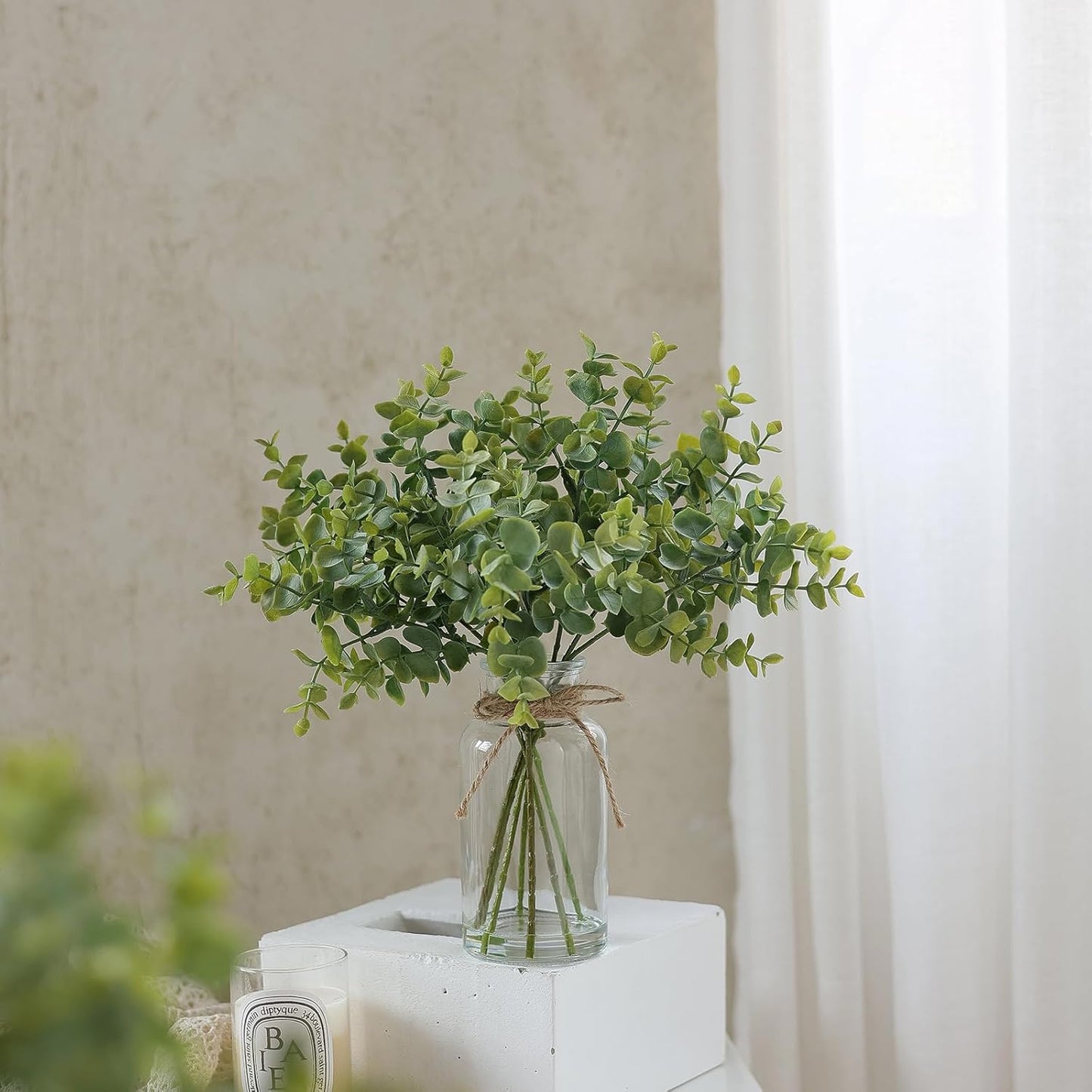 Fake Eucalyptus Stems in Glass Vase