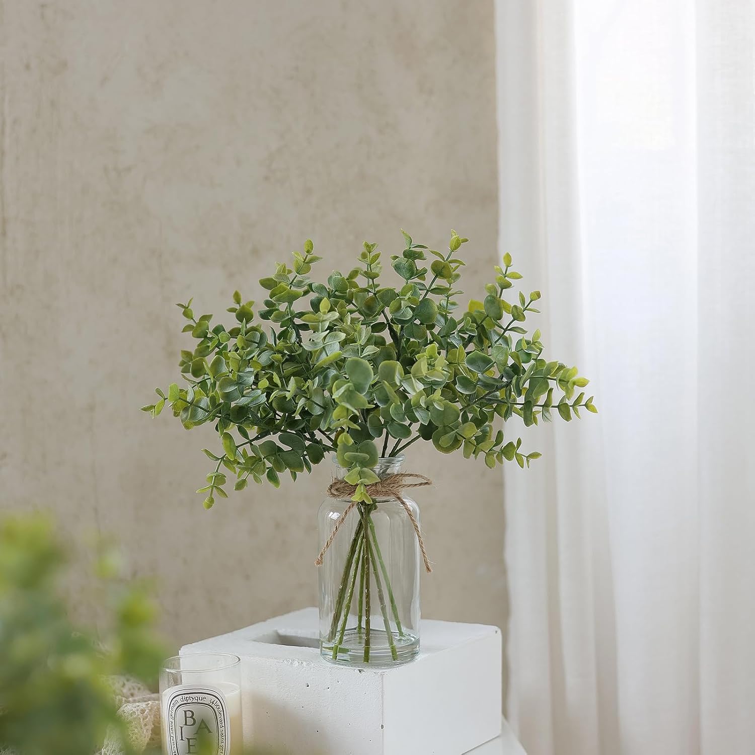 Fake Eucalyptus Stems in Glass Vase