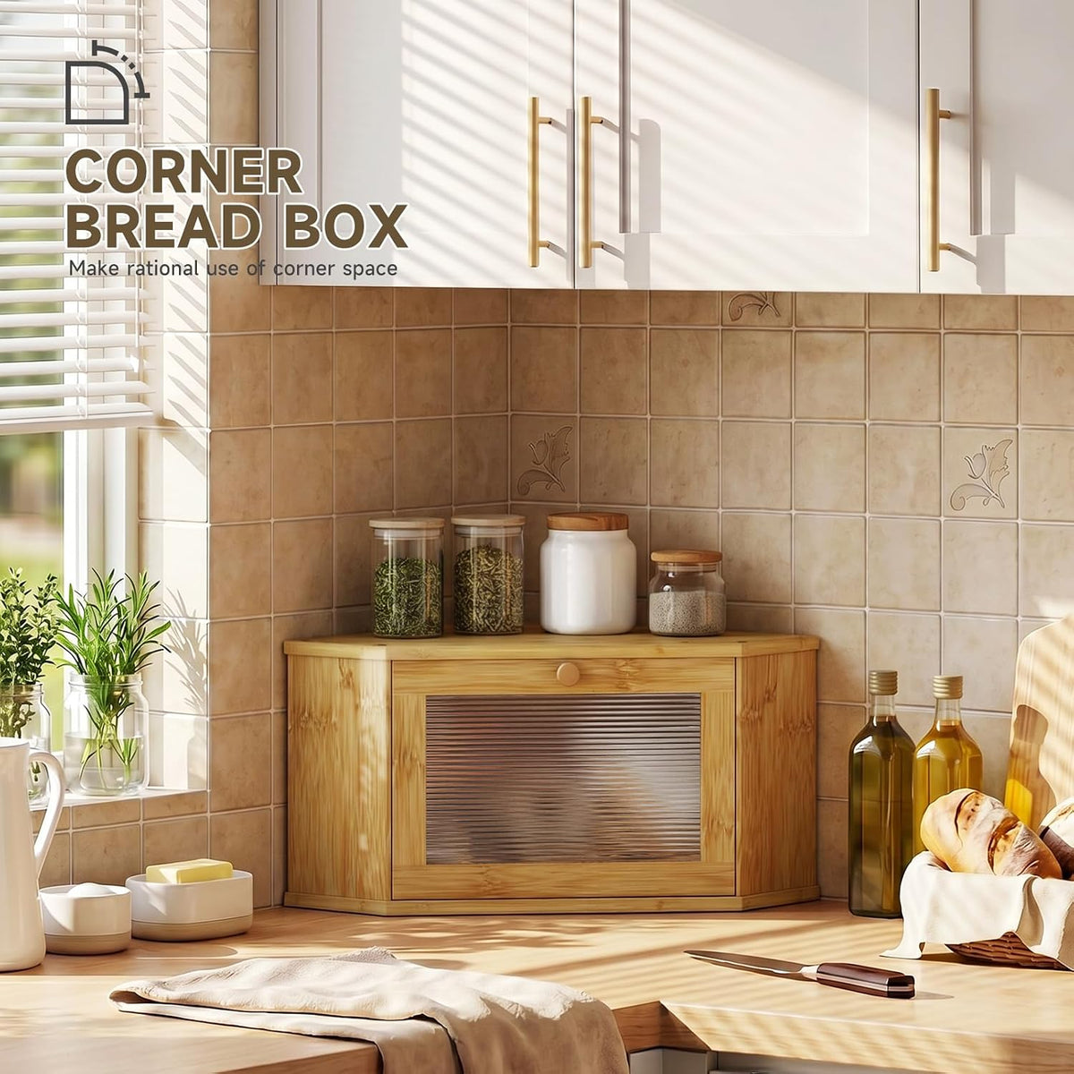 Corner Bread Box For Kitchen Countertop,Bread Storage Bin (Natural, Medium) | Small Bamboo Bread Container,Corner Shelf