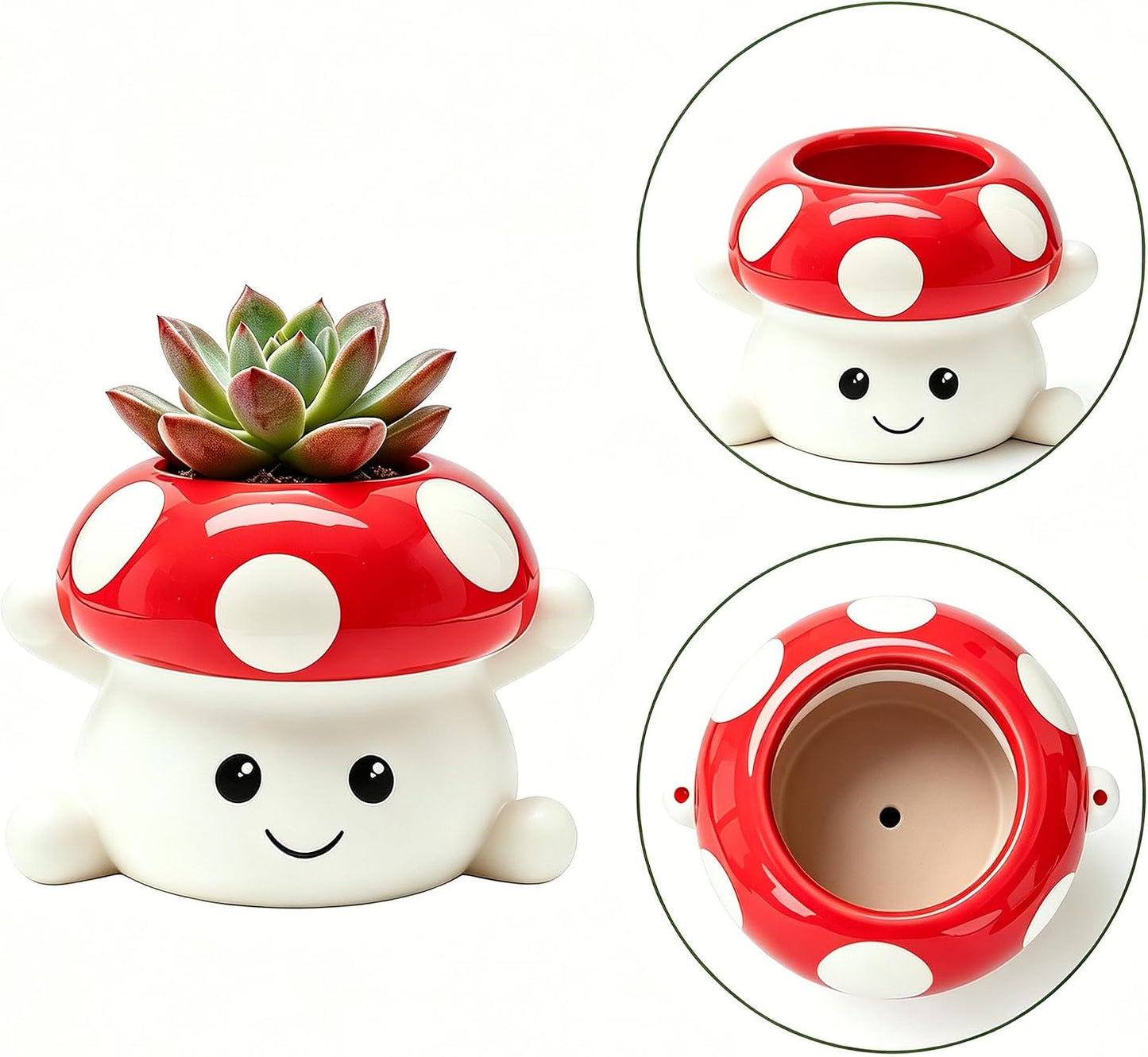 & White Mushroom Ceramic Face Planter / Red