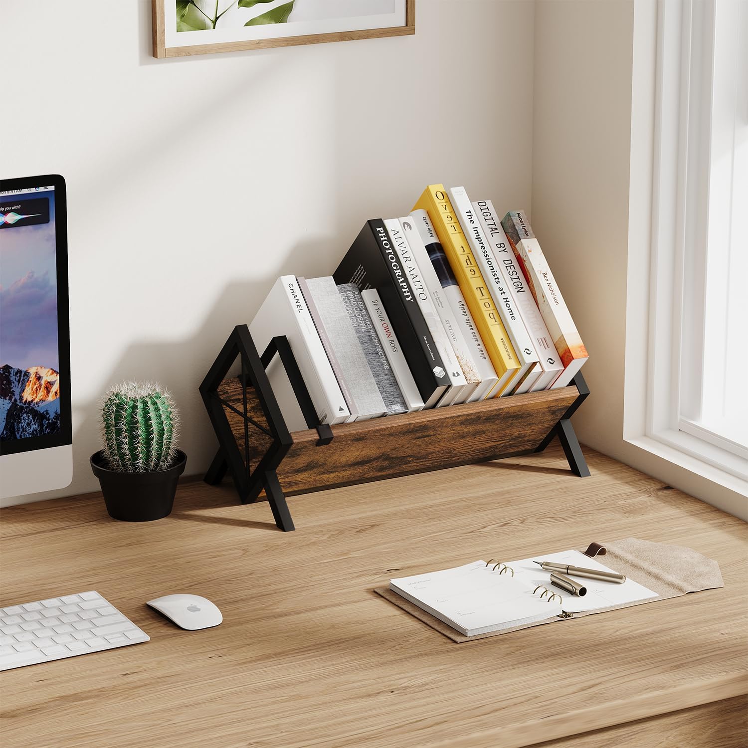 YINMIT Wood Desktop Bookshelf, Retro Tabletop Bookshelf, Desk Shelf for Top of Desk in Living Room, Home, Office