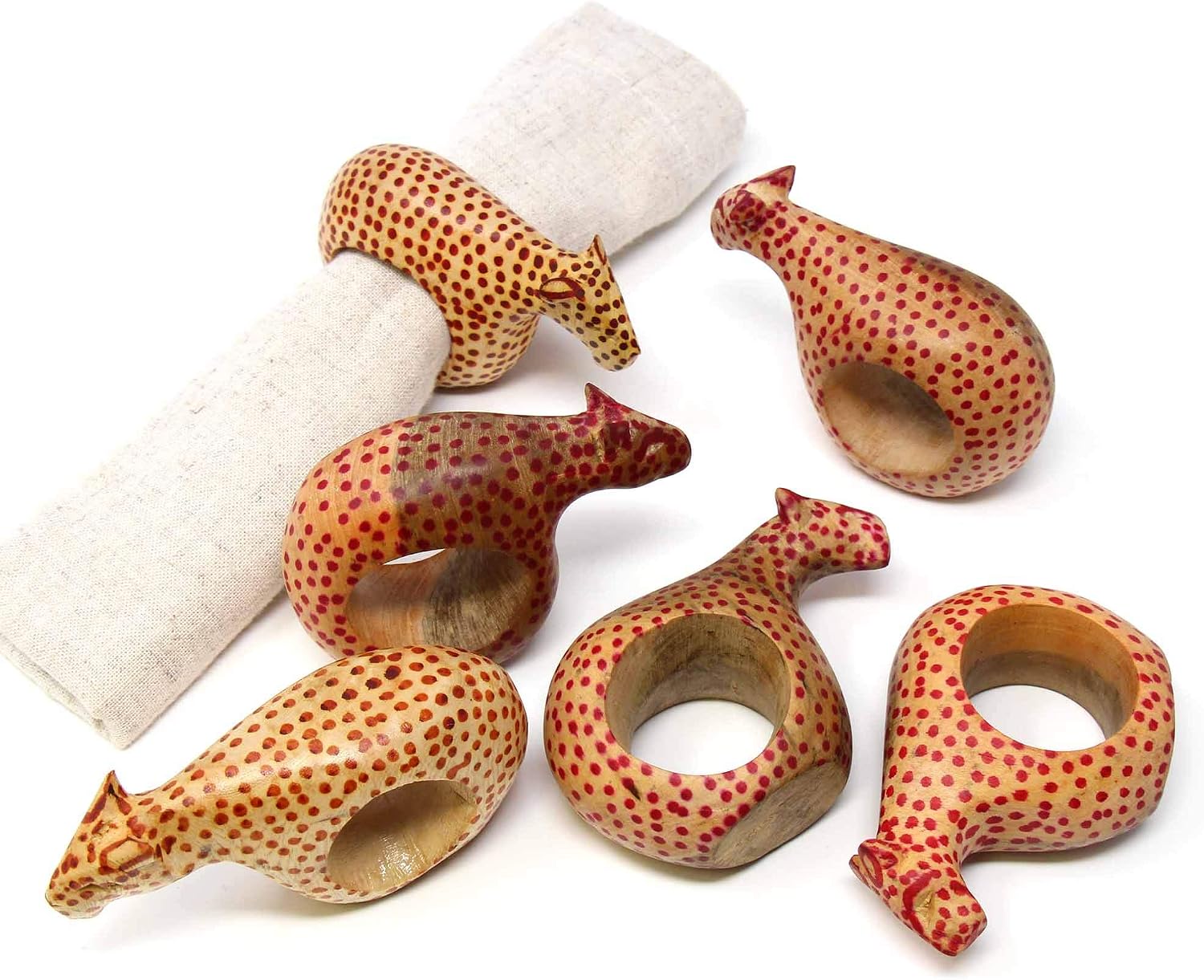 Handcarved Mahogany Wooden Napkin Ring Holders / Cheetah / Set of 6