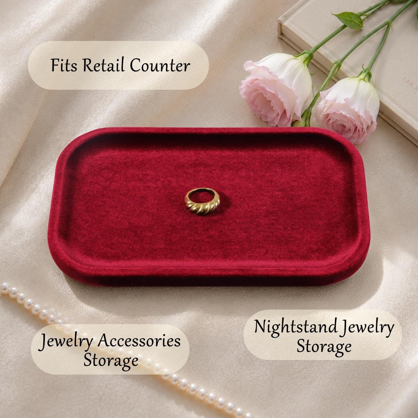 Resilient Velvet Jewelry Display Tray for Ring Earrings Bracelet Necklace / Red / 7.9 x 4.7
