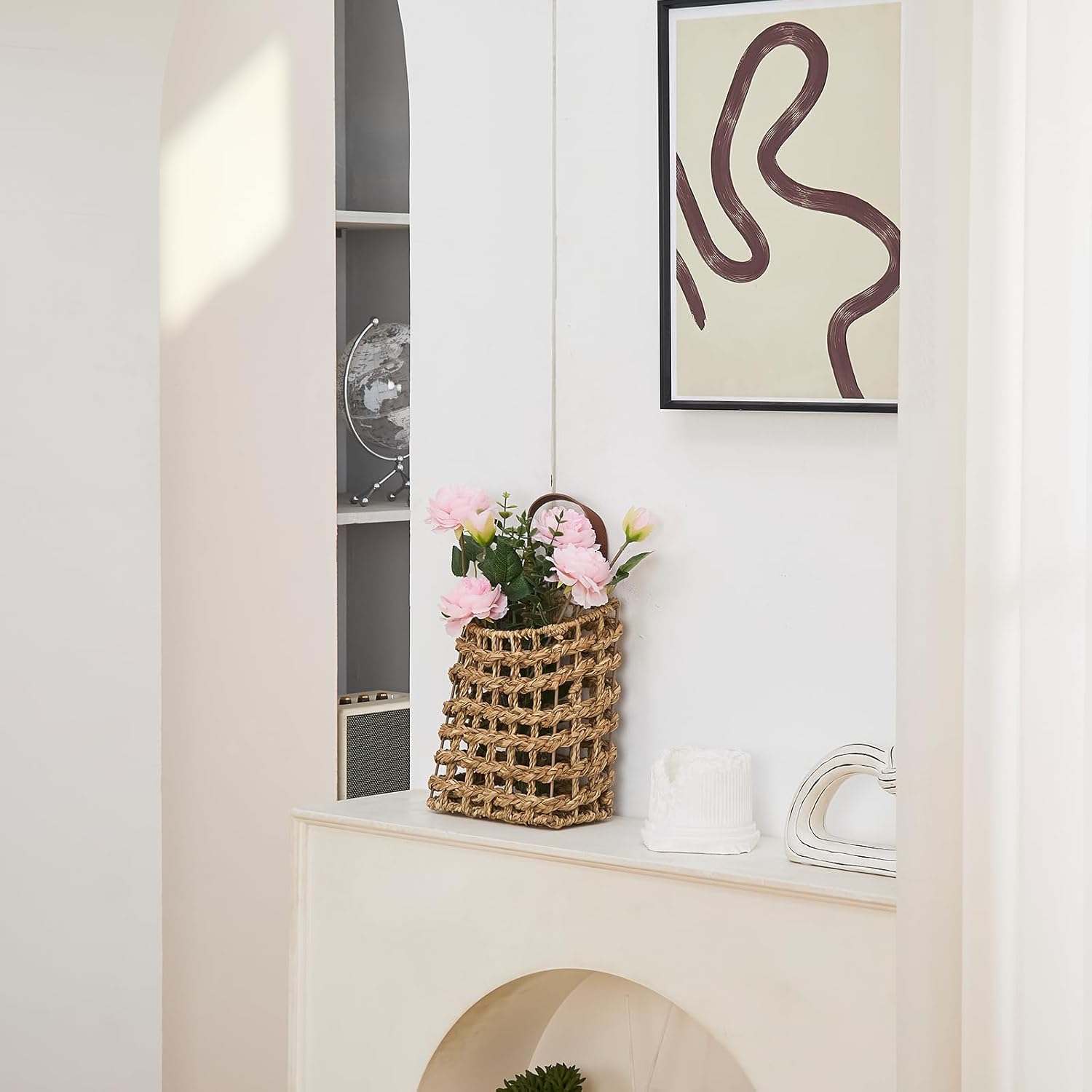 Wall Hanging Basket Decorative Boho Mounted Organizer Dried Flower Plants Front Door / Seagrass