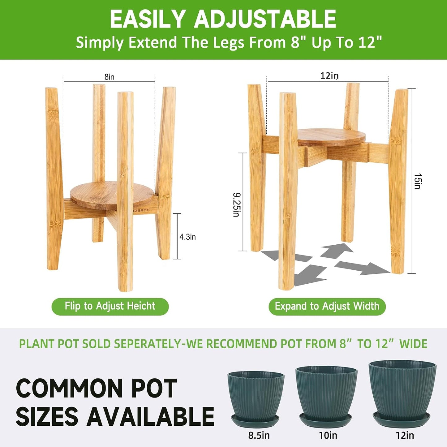 Adjustable Plant Stand with Tray,Indoor Wood Plant Stand Fit 8'' to 12'' Planter,Mid Century Modern Flower Pot Holder