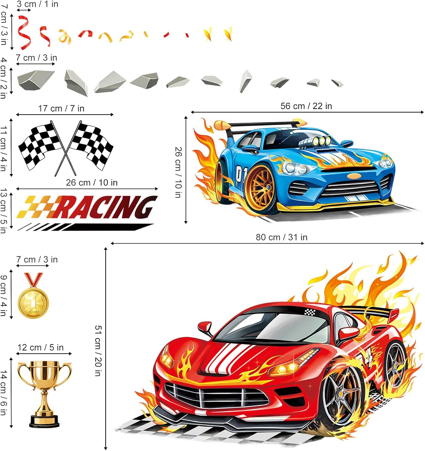 3D Racing Car Wall Decals Blue Sports Car Trophies Flags Wall Stickers Boys Room Kids Bedroom / Red