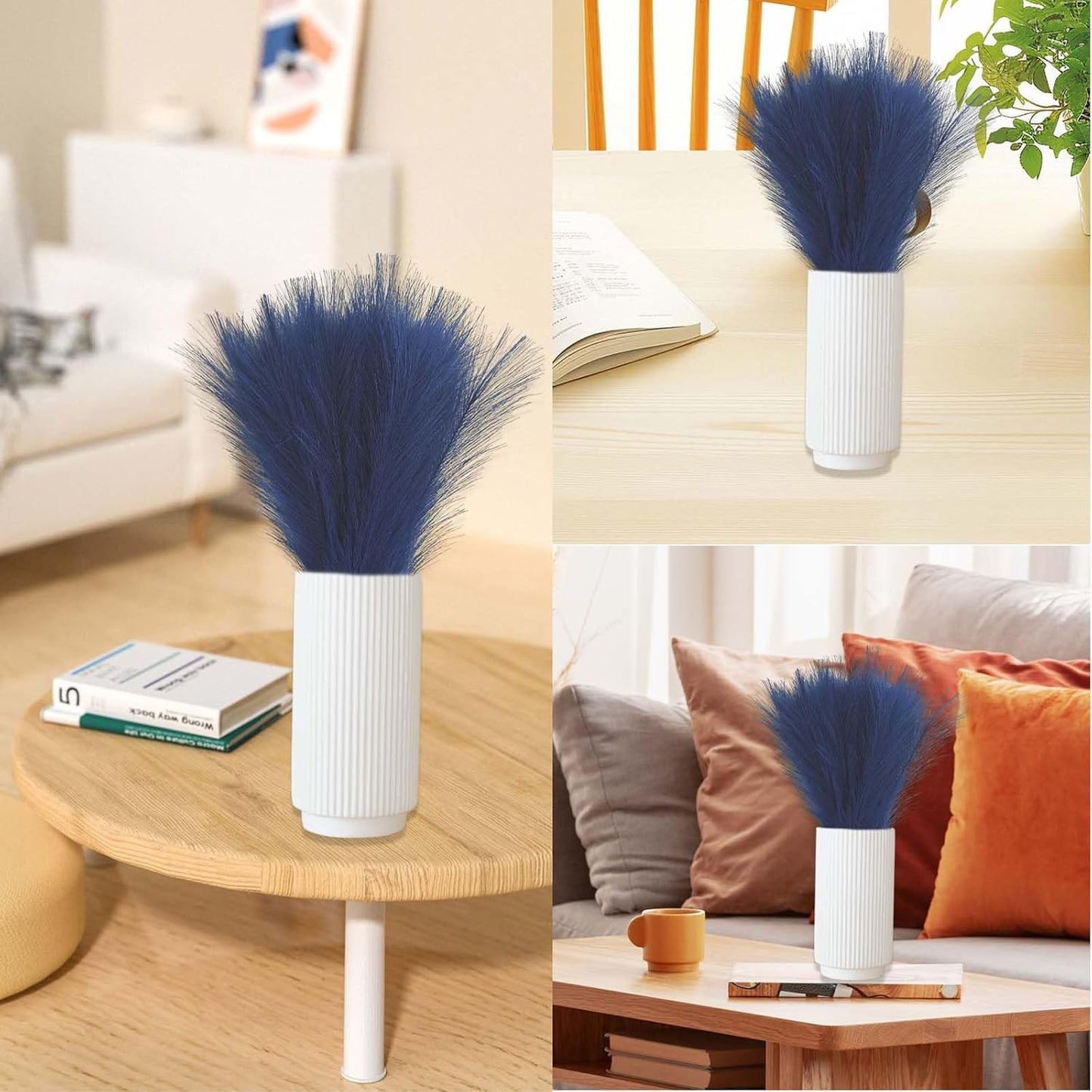 17" Navy Flowers Short Fluffy Artificial Faux Pampas Grass Stems / Blue / Set of 30