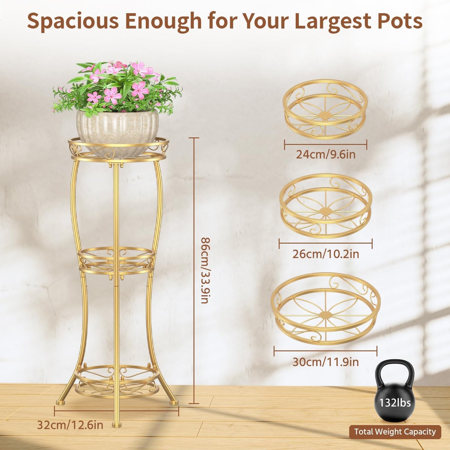 LASZOLA 3 Tiers Metal Corner Plant Flower Stand Tall Indoor Outdoor, Gold | Heavy Duty Small Holder Shelf for Multiple