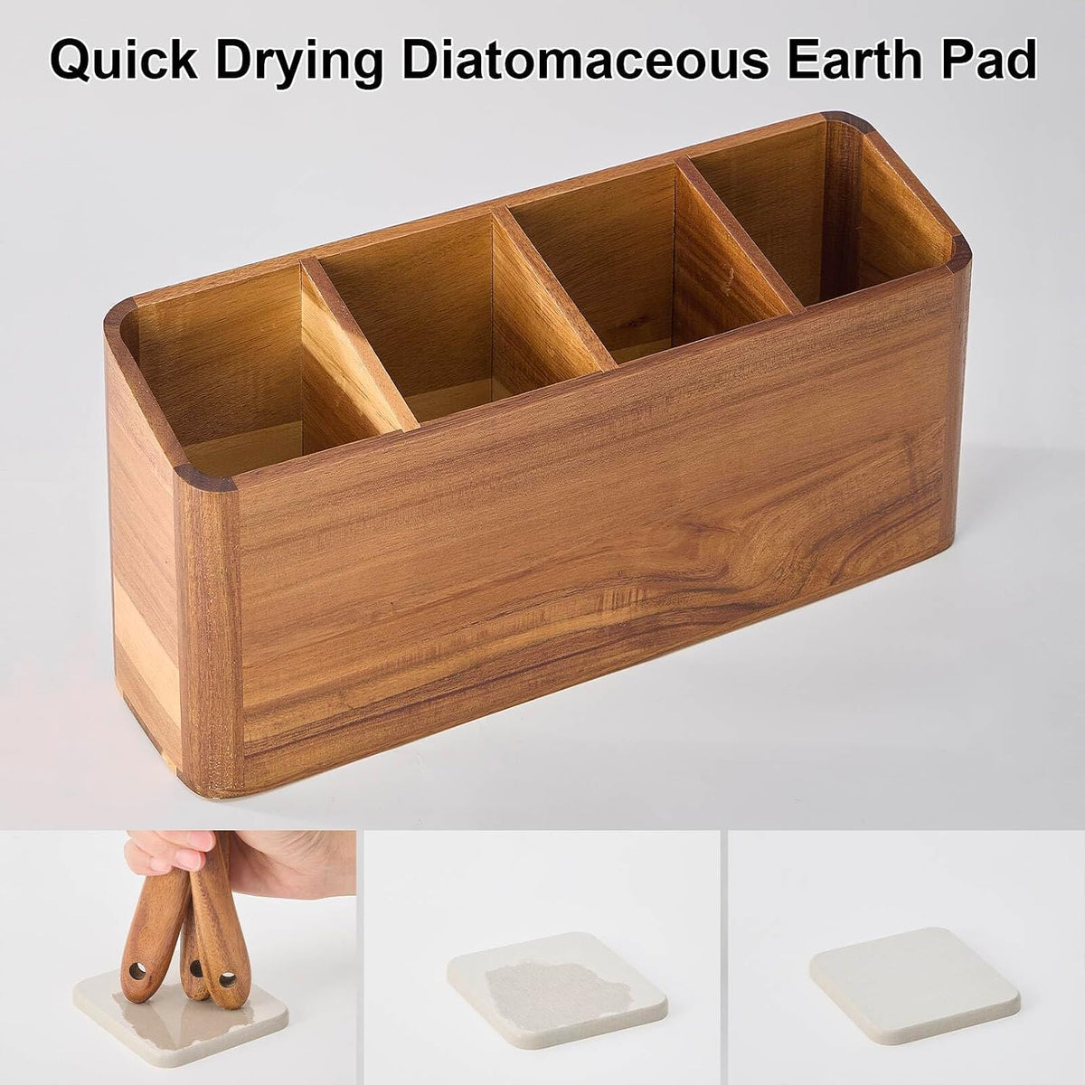 Wooden Utensil Holder for Kitchen Counter, Acacia Wood Kitchen Utensil Holder for Countertop with 4 Compartment