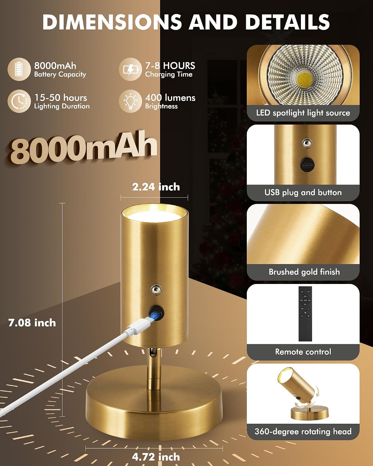 2 Pack Gold Wireless Led Spotlights Indoor with Remote, 8000mAh Cordless Battery Operated Plant Uplights, Rechargeable