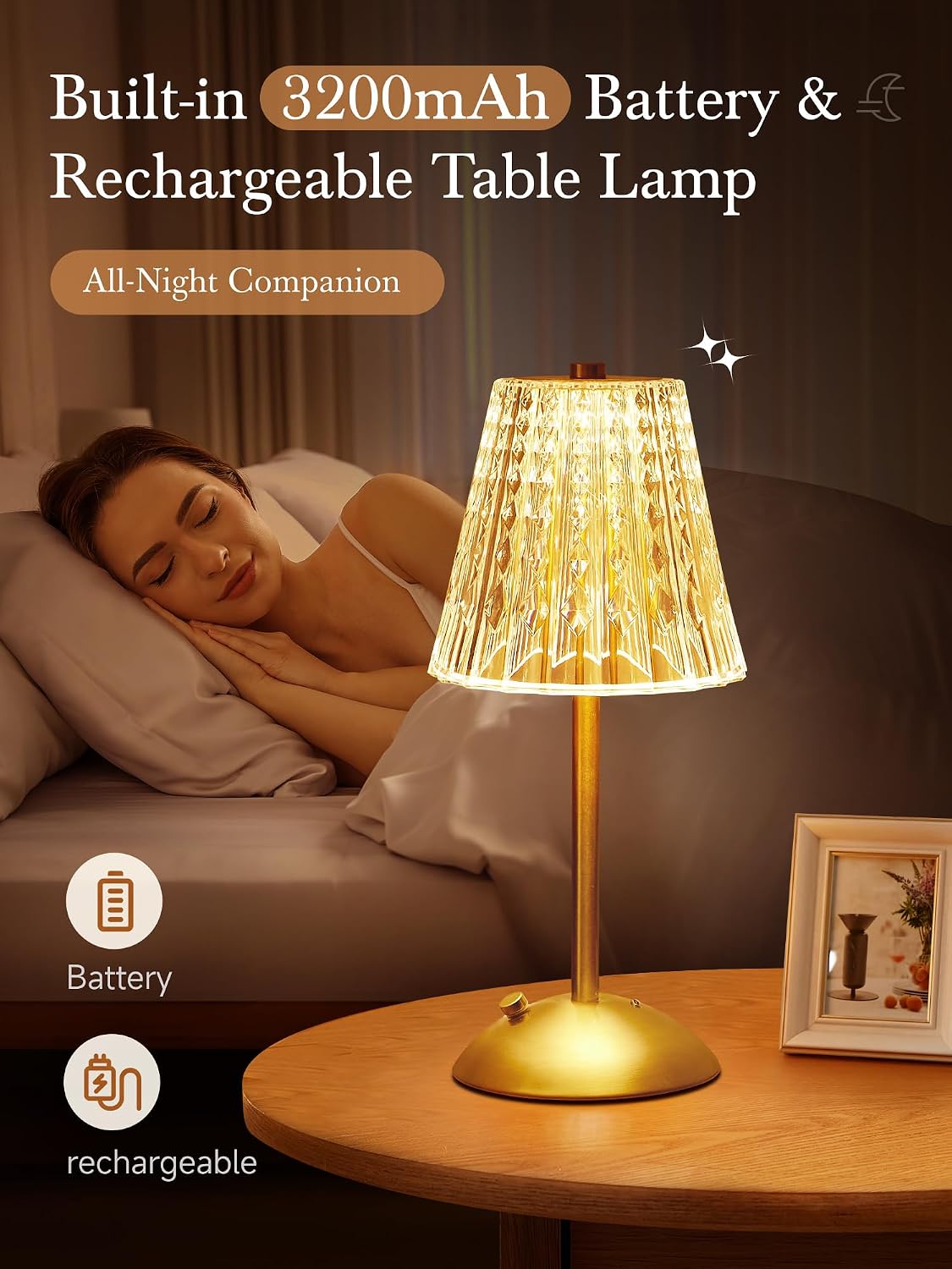 【3200mAh】Brass Table Lamp, 3 Colors+Dimmable+Touch Crystal Lamp LED Gold Lamp, Mood Lighting Mood Light, Brass Decor