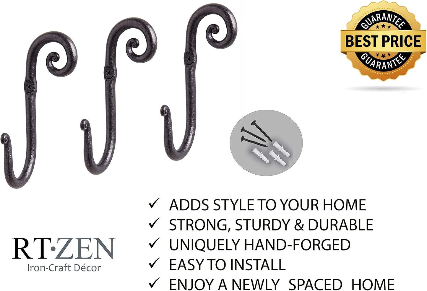 Wrought Iron Decorative Rustic Metal Coat Hooks for Hanging / Hook Swirl