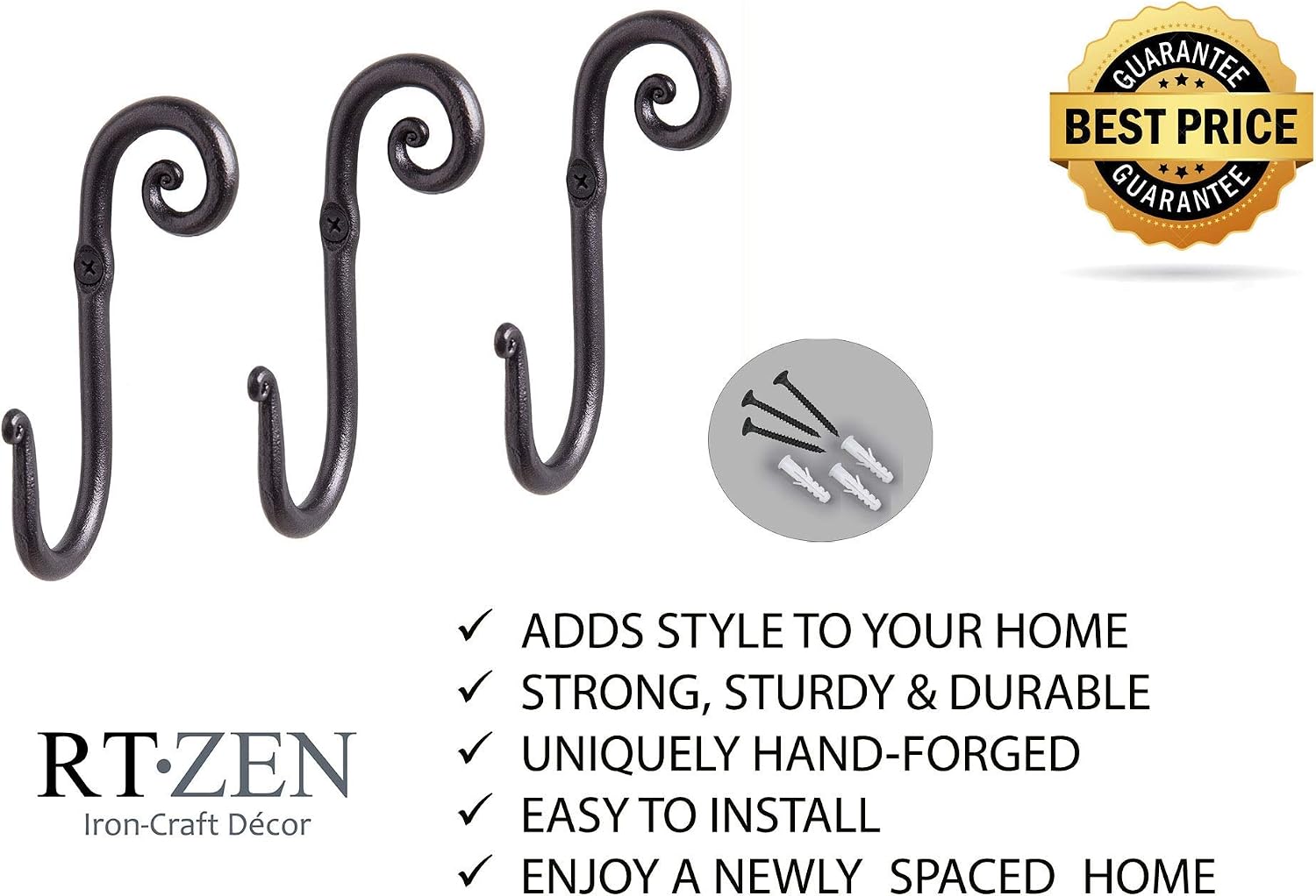 Wrought Iron Decorative Rustic Metal Coat Hooks for Hanging / Hook Swirl
