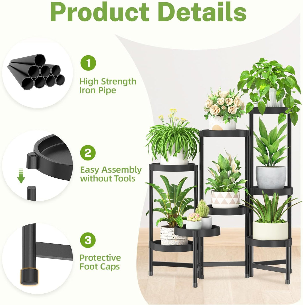 iDavosic.ly 8 Tier Folding Plant Stand Indoor Outdoor, Plastic Tray, Black | Space Saving Tiered Corner Storage Display