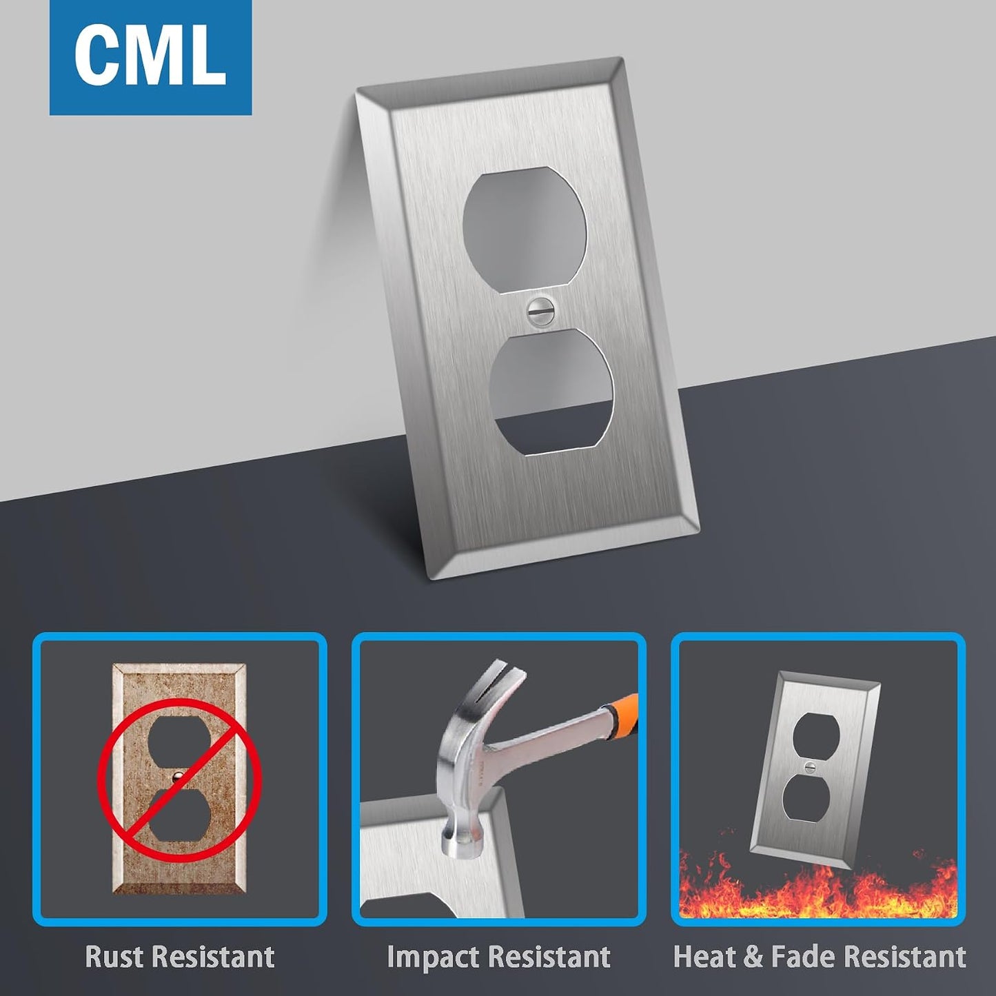CML Duplex Receptacle Metal Wall Plate, 1-Gang Stainless Steel Outlet Covers, 20 Pack Corrosion Resistant Switch
