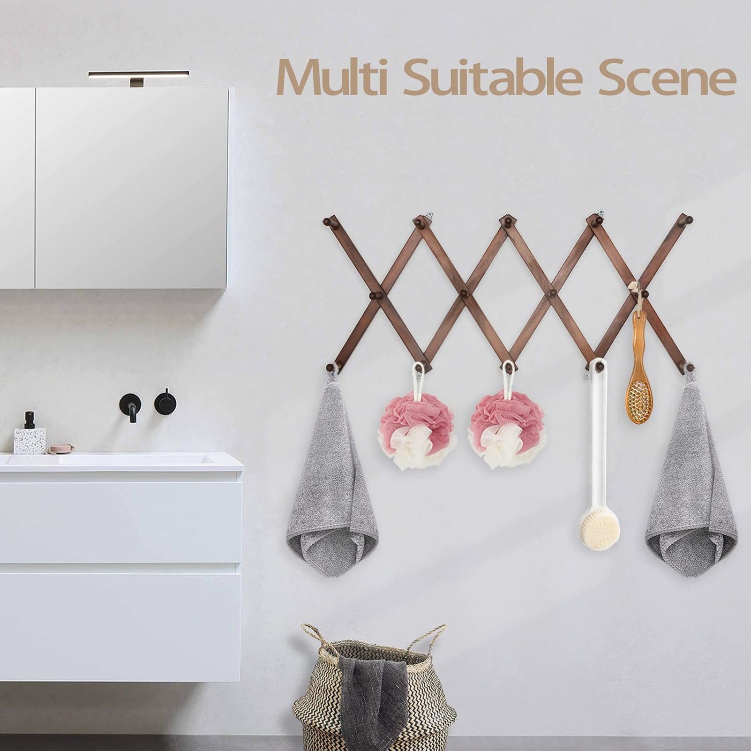 SCUNDA 16 inch High Accordion Wall Hanger with 14 Hooks, Wooden Wall Expandable Coat Rack for Coat, Hats, Baseball