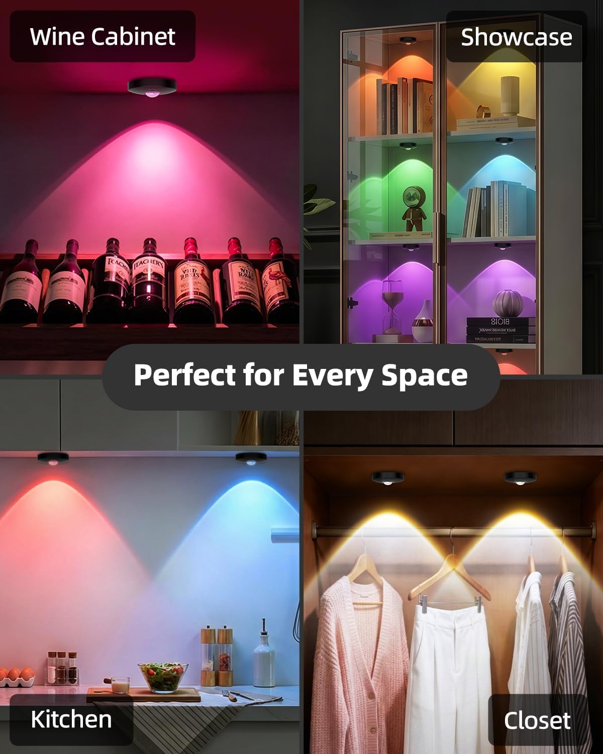 RGB Rechargeable Puck Lights with Remote Control, 1500mAh Battery Operated Tap Lights, Dimmer & Timer Under Cabinet