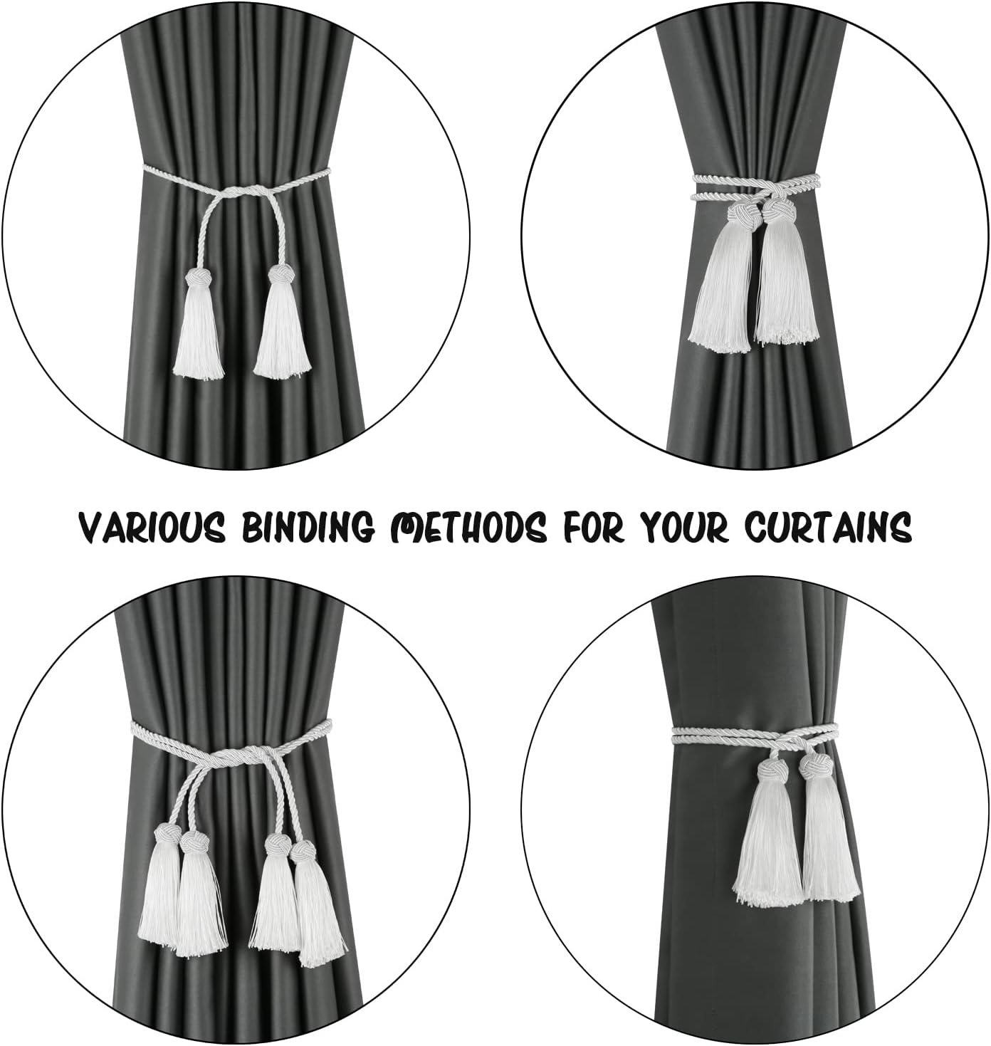 BEL AVENIR 6 Pack Handmade Rope Tassel Curtain Tiebacks | Decorative Curtain Holdbacks with Tassel (White, 6 Pack)