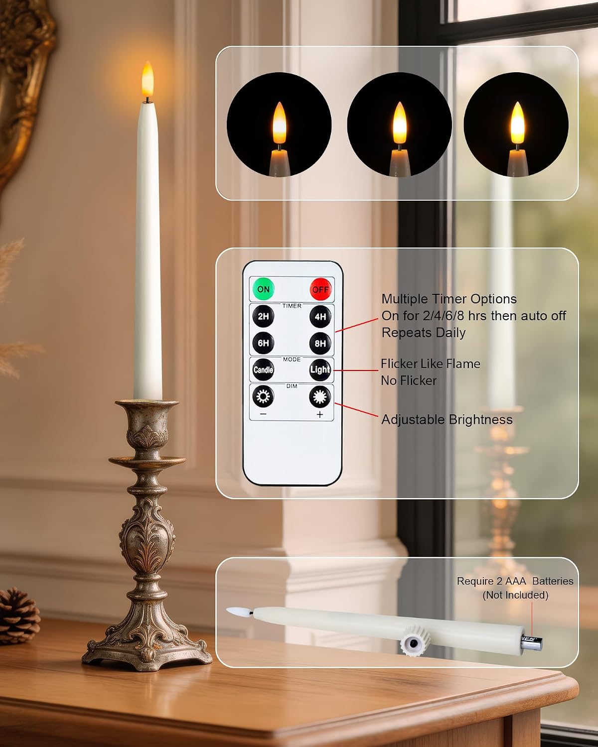 Homemory 11 inches Waxy Flameless Taper Candles with Remote Timer Dimmer, 12 Pcs Battery Operated Taper Candles with