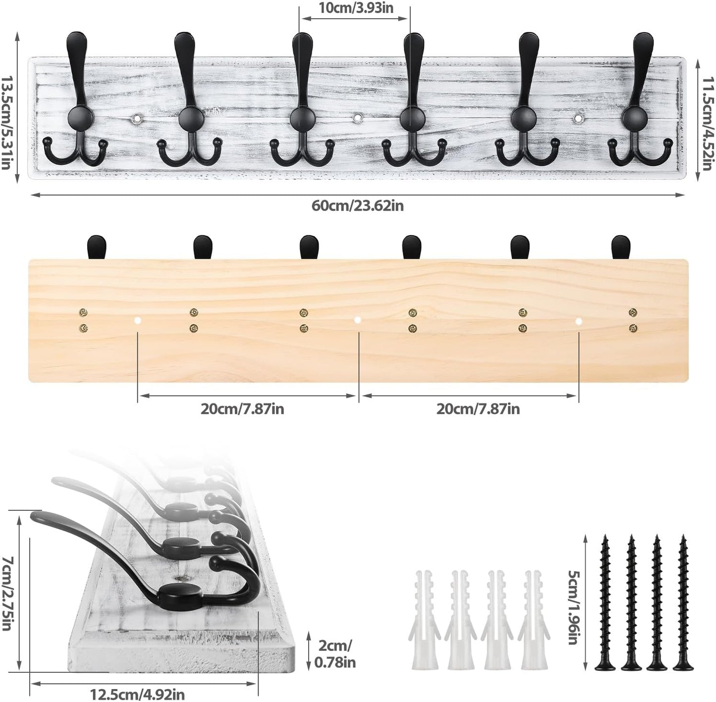 Coat Rack Wall Mount, Wooden Heavy Duty Coat Rack for Wall,6 Triple Coat Hanger Hooks for Hanging