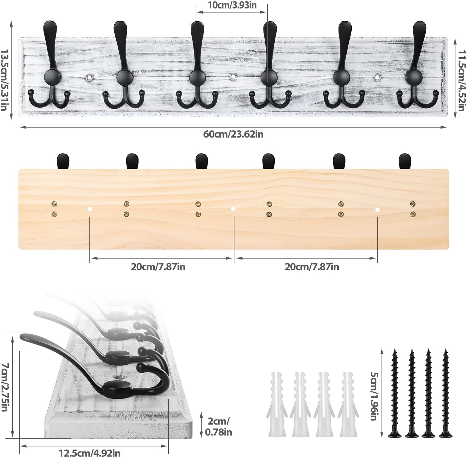 Coat Rack Wall Mount, Wooden Heavy Duty Coat Rack for Wall,6 Triple Coat Hanger Hooks for Hanging