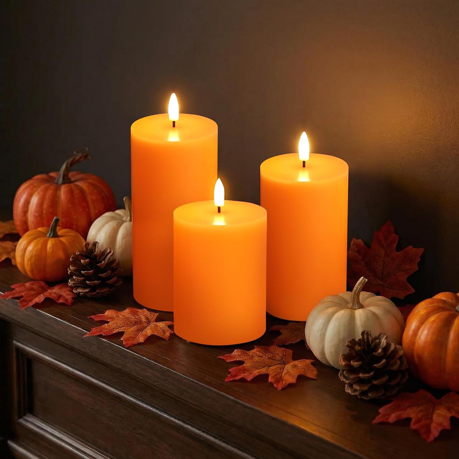 Orange Halloween Fall Flameless Pillar Candles with Remote Set of 3 | Flickering LED Wax Candles, Flat Top, 2 AA
