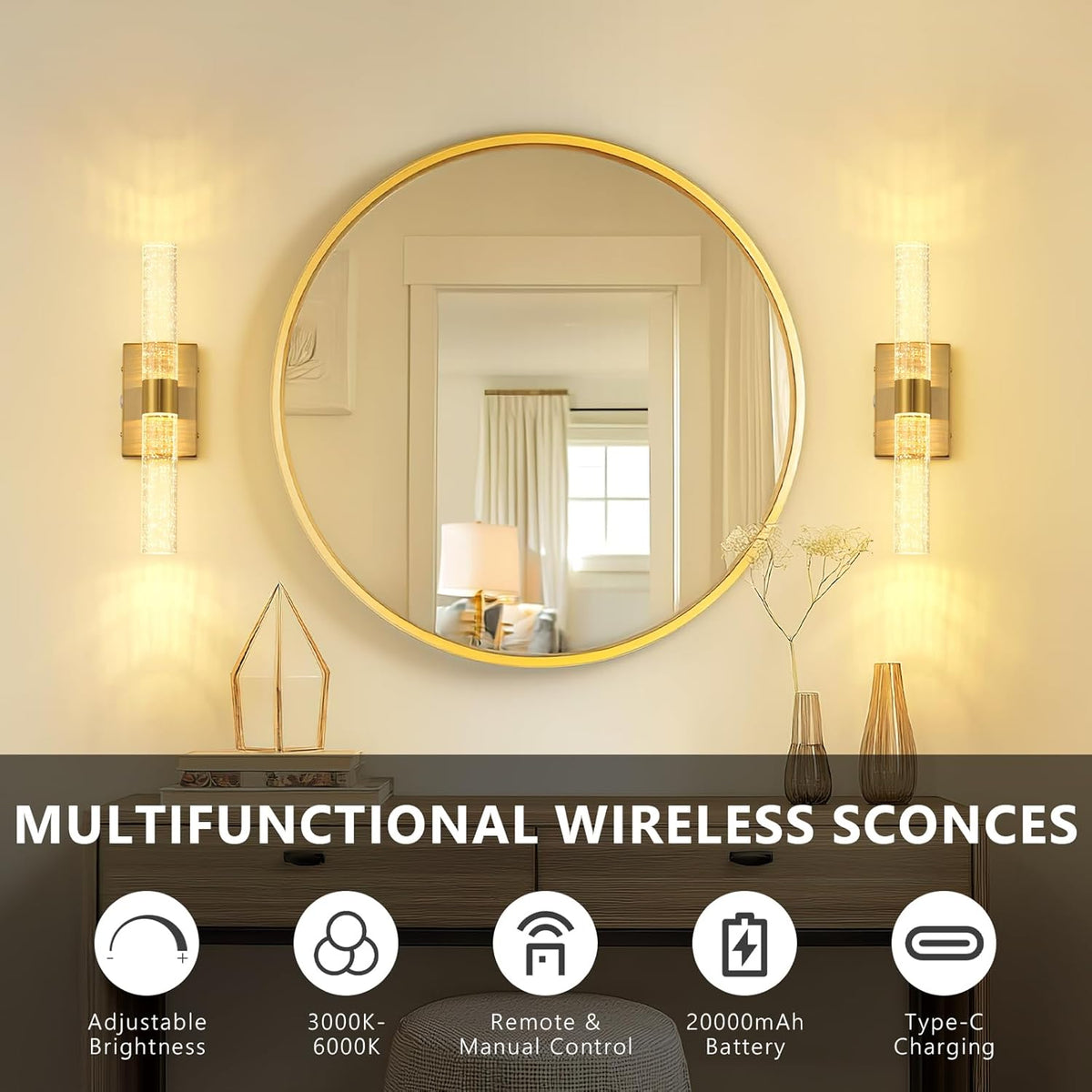 Battery Operated Wall Sconces Set of 2, 20000mAh Rechargeable Wall Light | Remote Control 3000K-6000K Dimmable LED