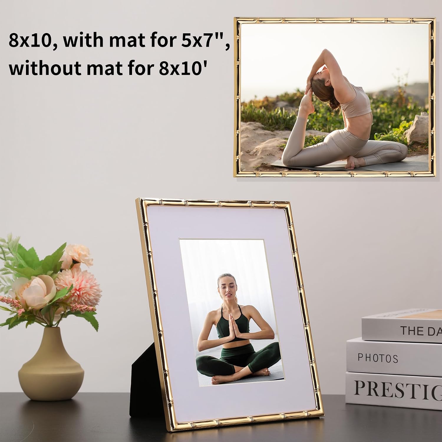 YiPinYin 8x10''Bamboo Detail Gold Metal Picture Frame with Acid Free Mat for 5x7'',Narrow Plated Photo Frames 5 x7''