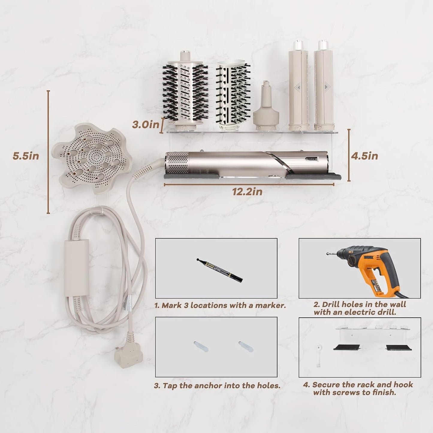 Affogato Wall Mount Holder Compatible with Shark FlexStyle, Acrylic Wall Mounted Organizer for Storage Attachments