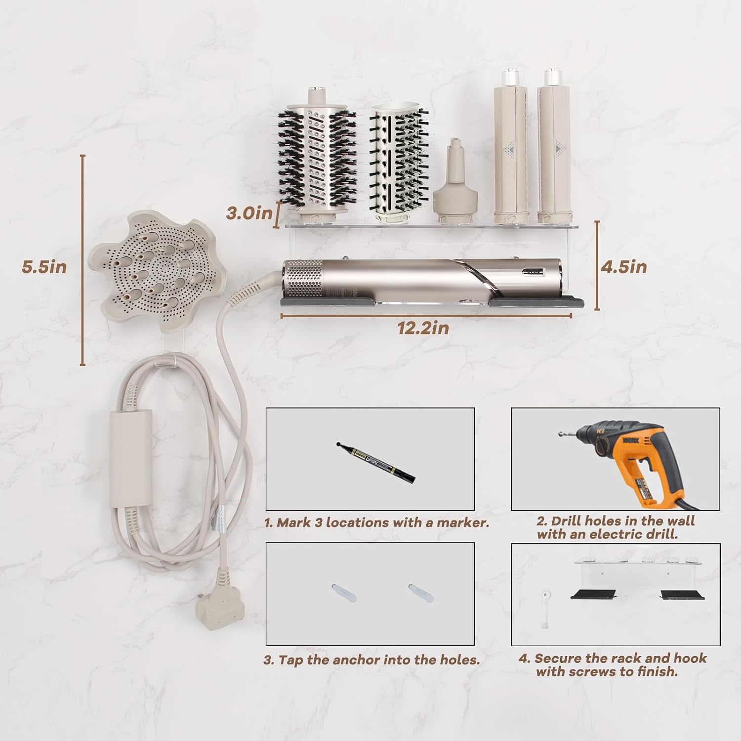 Affogato Wall Mount Holder Compatible with Shark FlexStyle, Acrylic Wall Mounted Organizer for Storage Attachments