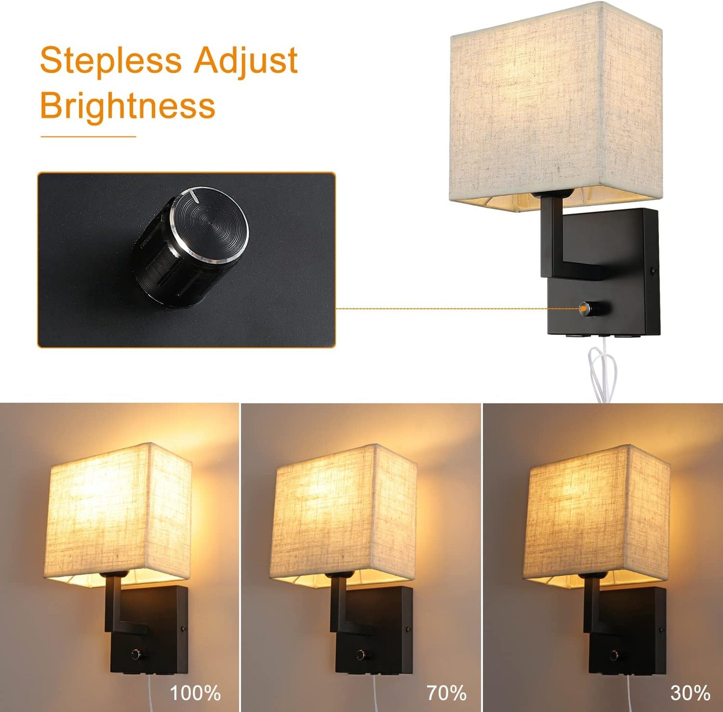 Bedside Wall Mount Light with Dimmer Switch and Two USB Charging Port, Fabric Linen Shade Wall Sconces Light with Plug