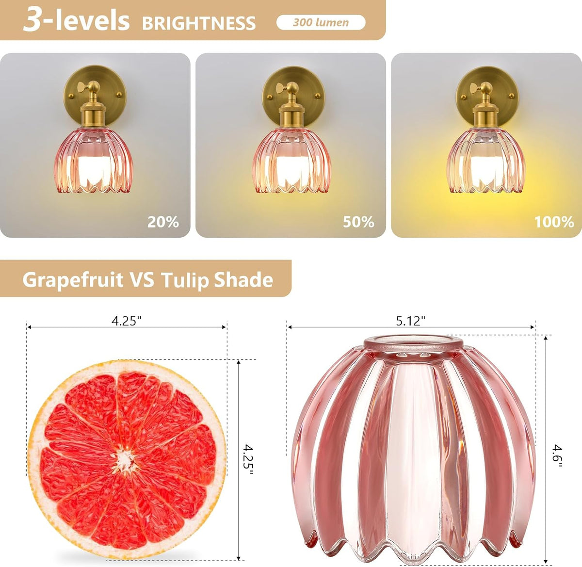 Vintage Battery Operated Wall Sconce, Pink Tulip Glass Lampshade Wireless Rechargeable Battery Powered LED Wall Light