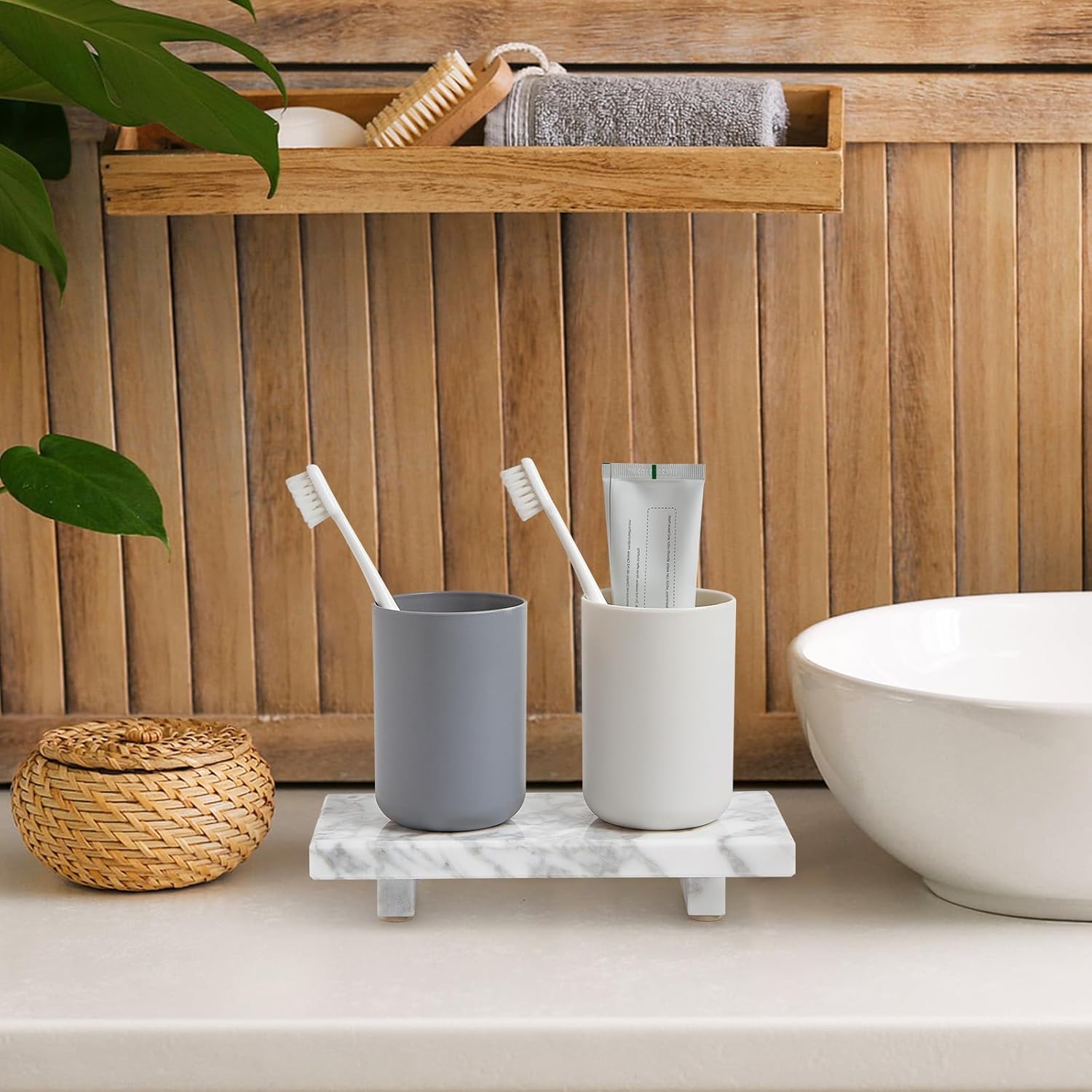 Vanity Organizer / Natural Marble Tray Pedestal Stand / White / 8.7 x 4 x 1.6