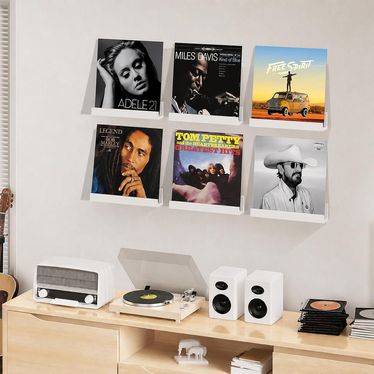 Vinyl Shelf Wall Display, 6 Pack Album Record Holder Wall Mount | 12" Rustic Wood Floating Shelves for Magazine Rack